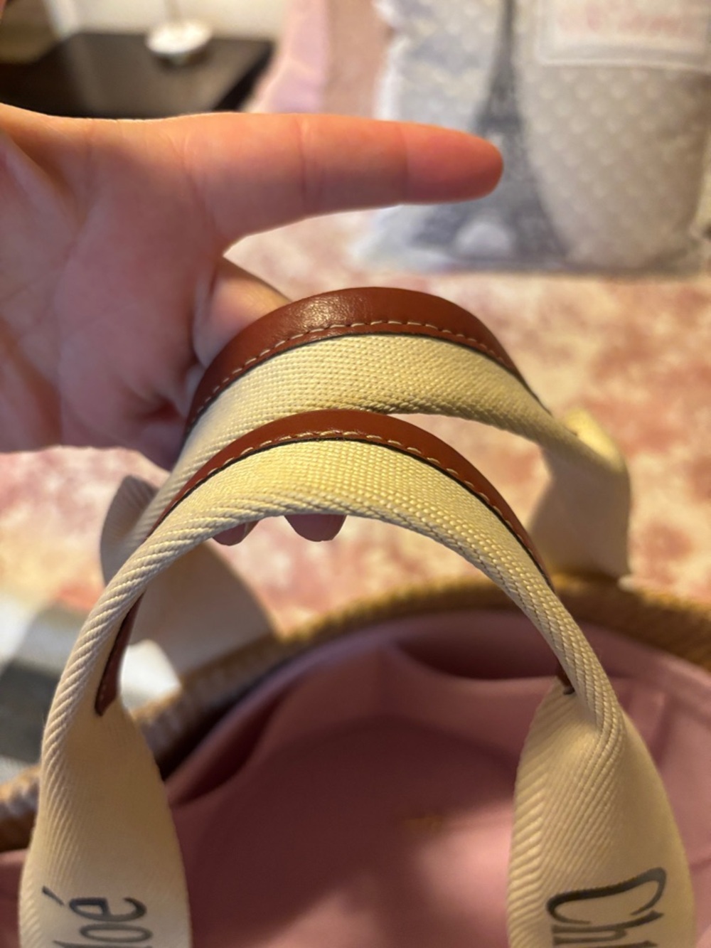 Chloé Straw Tote with Branded Canvas Straps - Natural Brown & Cream - Picture 3 of 8